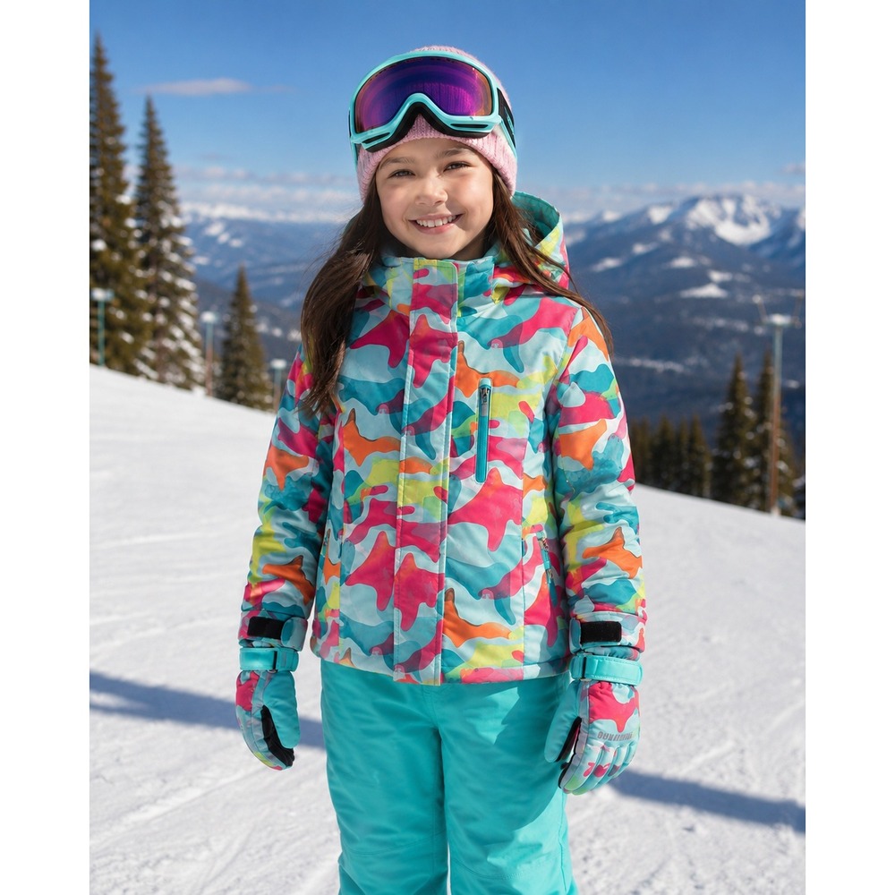 Honey King Ski Jacket Kids Size 8/9 Years Multi Color Hooded Winter Coat Gloves